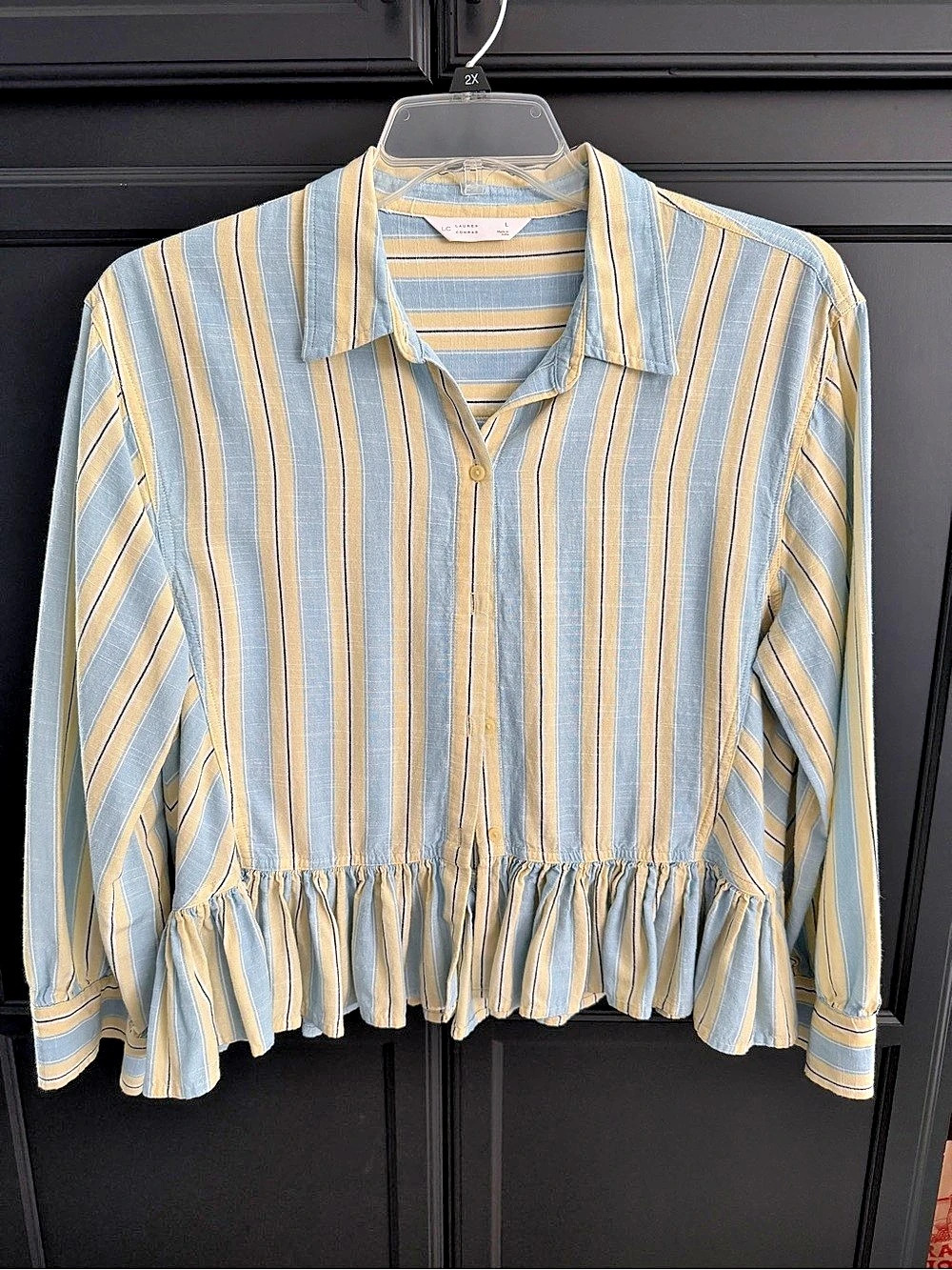 LC Lauren Conrad Striped Ruffle Hem Blouse in Blue & Yellow Size Large Like New